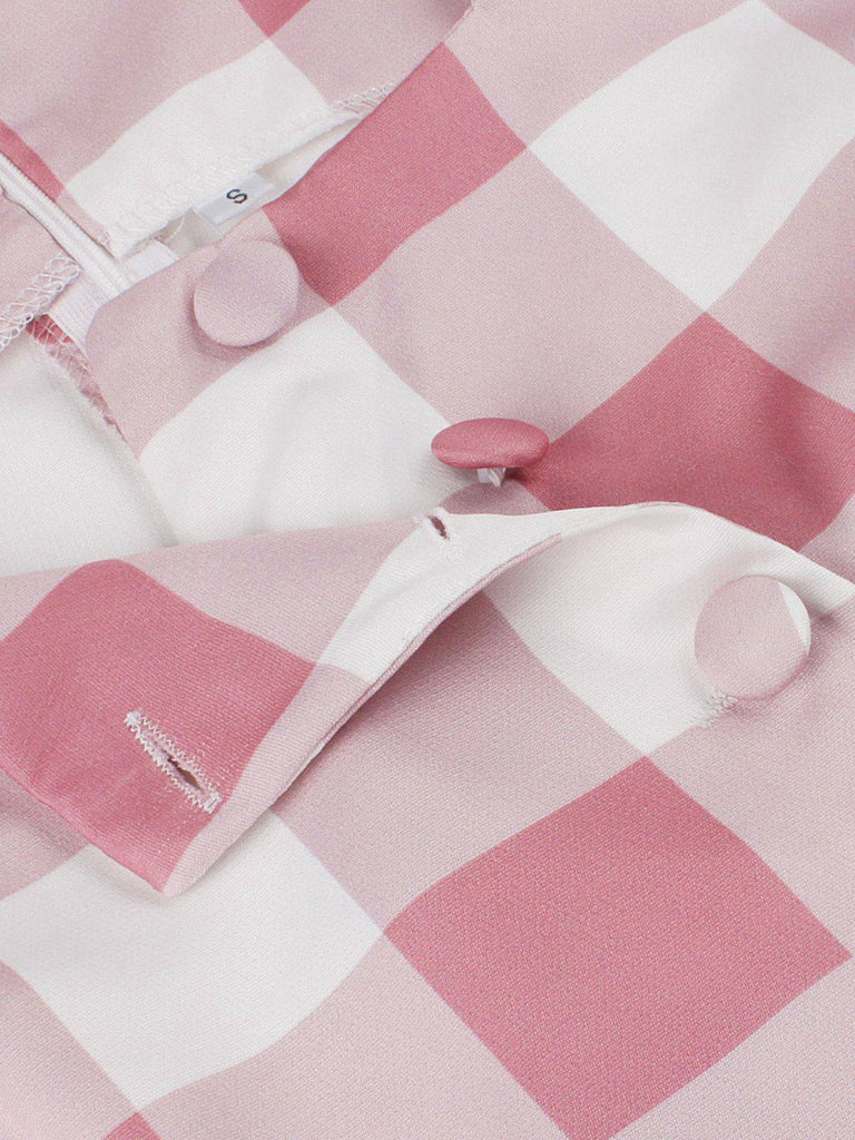 Robe rose à carreaux vichy avec nœud et boutons années 1950
