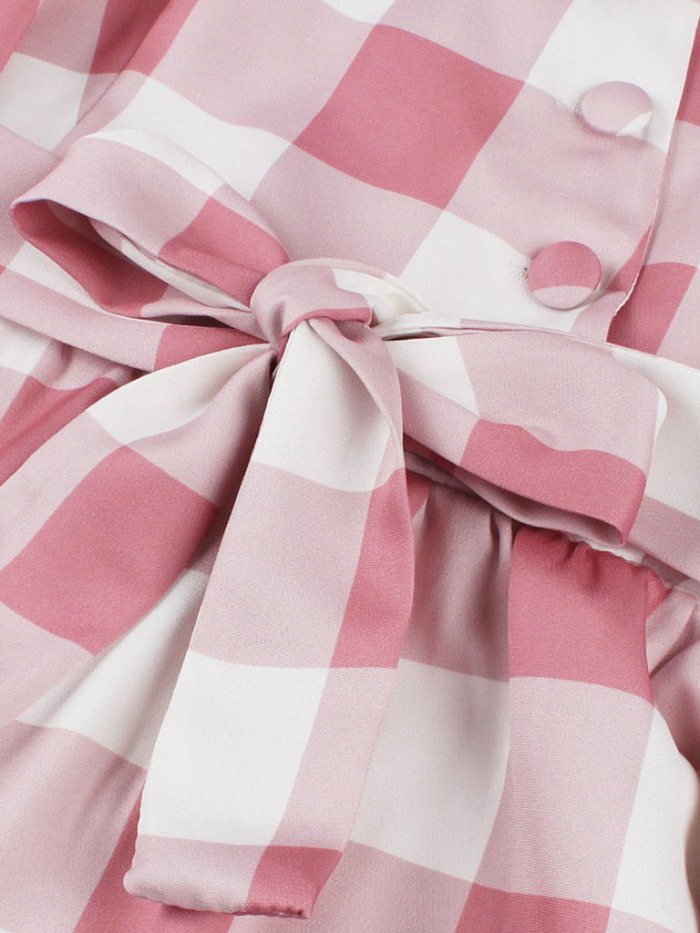 Robe rose à carreaux vichy avec nœud et boutons années 1950