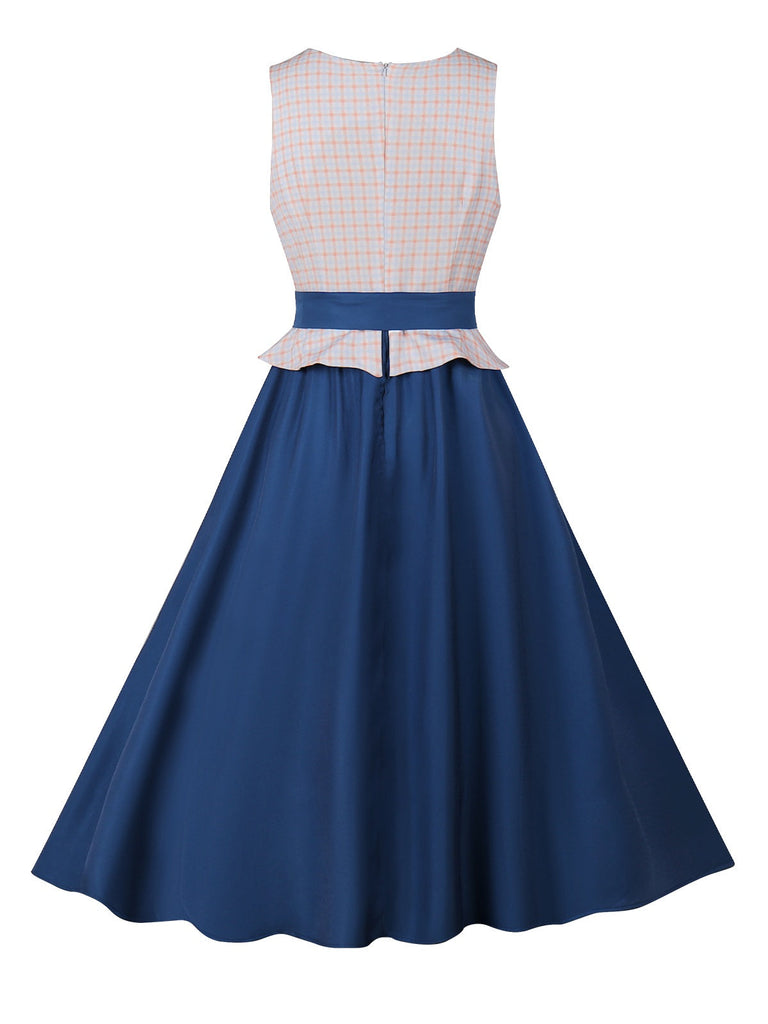 Robe patchwork à carreaux col V bleu foncé des années 1950