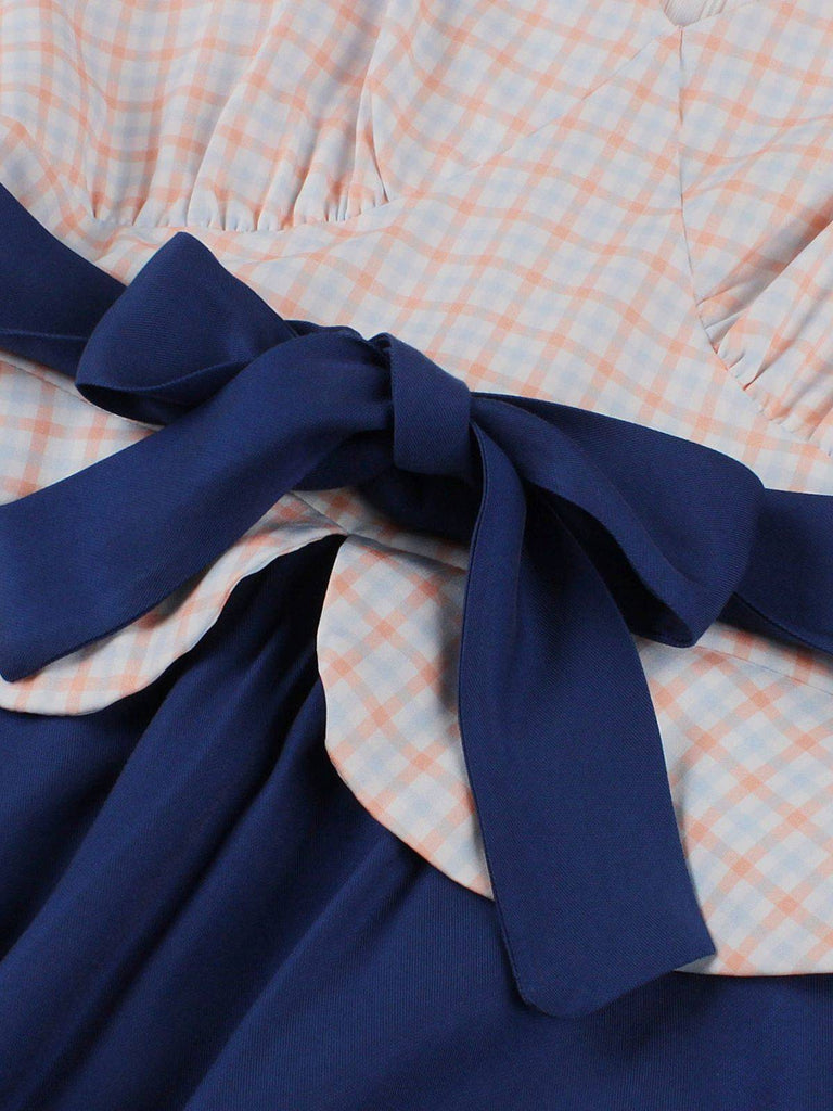 Robe patchwork à carreaux col V bleu foncé des années 1950