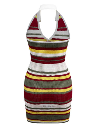 Robe verte en tricot à rayures et col en V années 1960