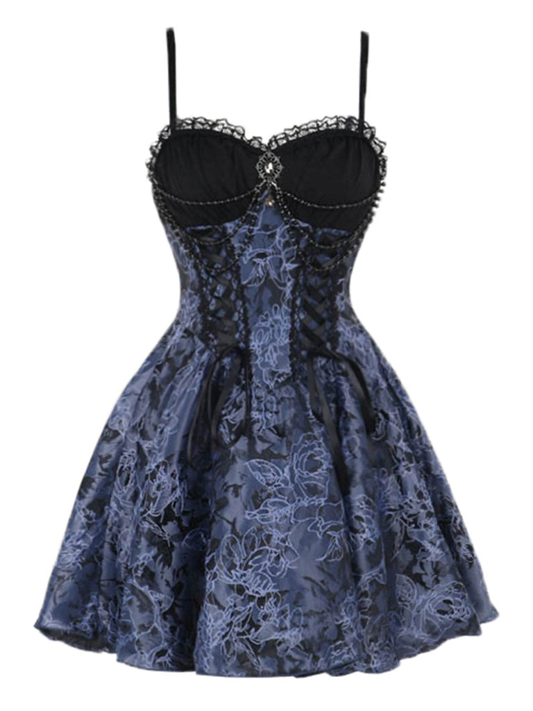 2PCS Châle et robe à lacets brodée de fleurs gothique noire et bleue des années 1980