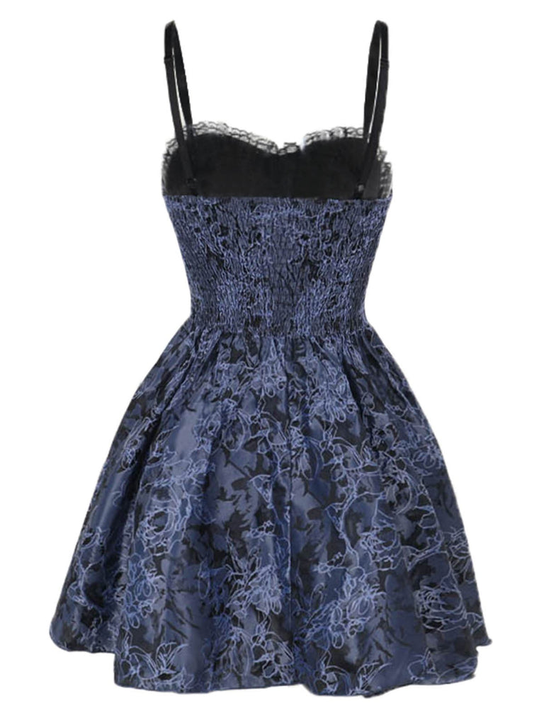 2PCS Châle et robe à lacets brodée de fleurs gothique noire et bleue des années 1980