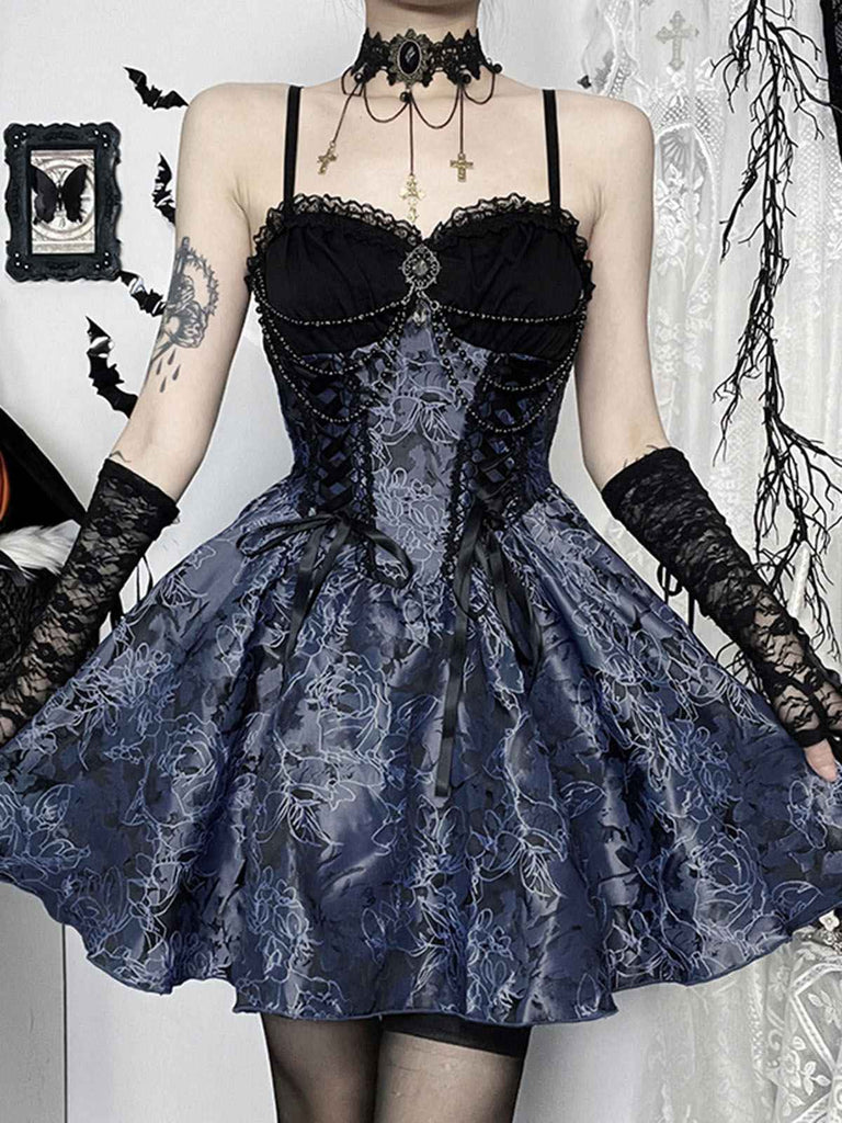 2PCS Châle et robe à lacets brodée de fleurs gothique noire et bleue des années 1980