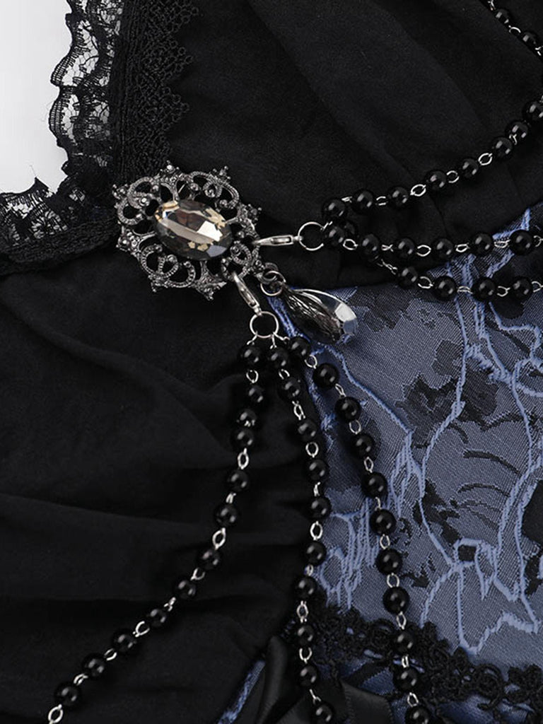 2PCS Châle et robe à lacets brodée de fleurs gothique noire et bleue des années 1980