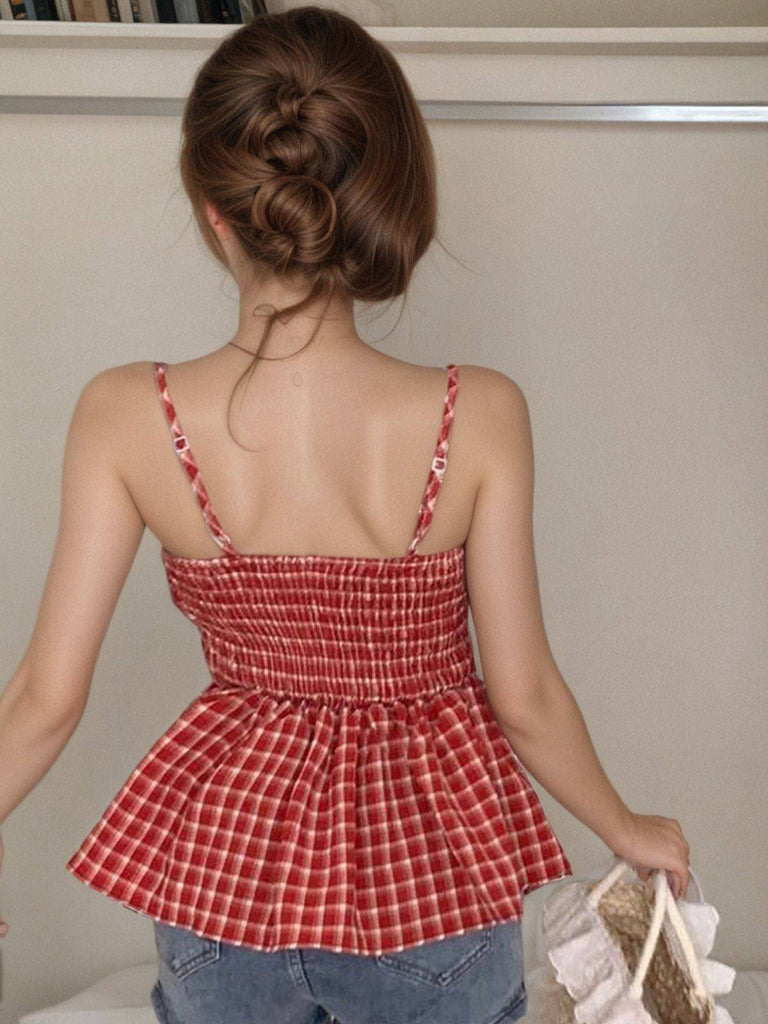 Haut babydoll à bretelles rouge à carreaux torsadés des années 1940