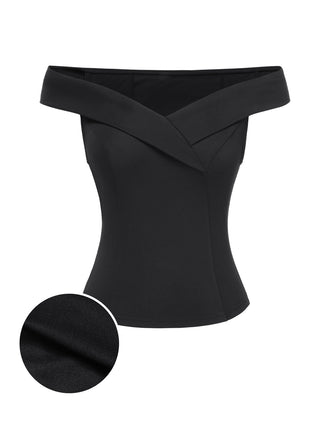 Haut noire uni à épaules dénudées des années 1950