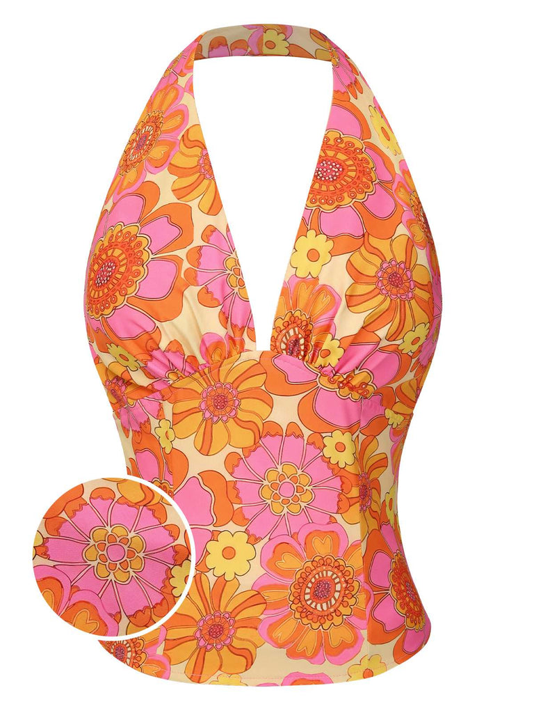 Haut dos nu fleuri hippie orange des années 1960