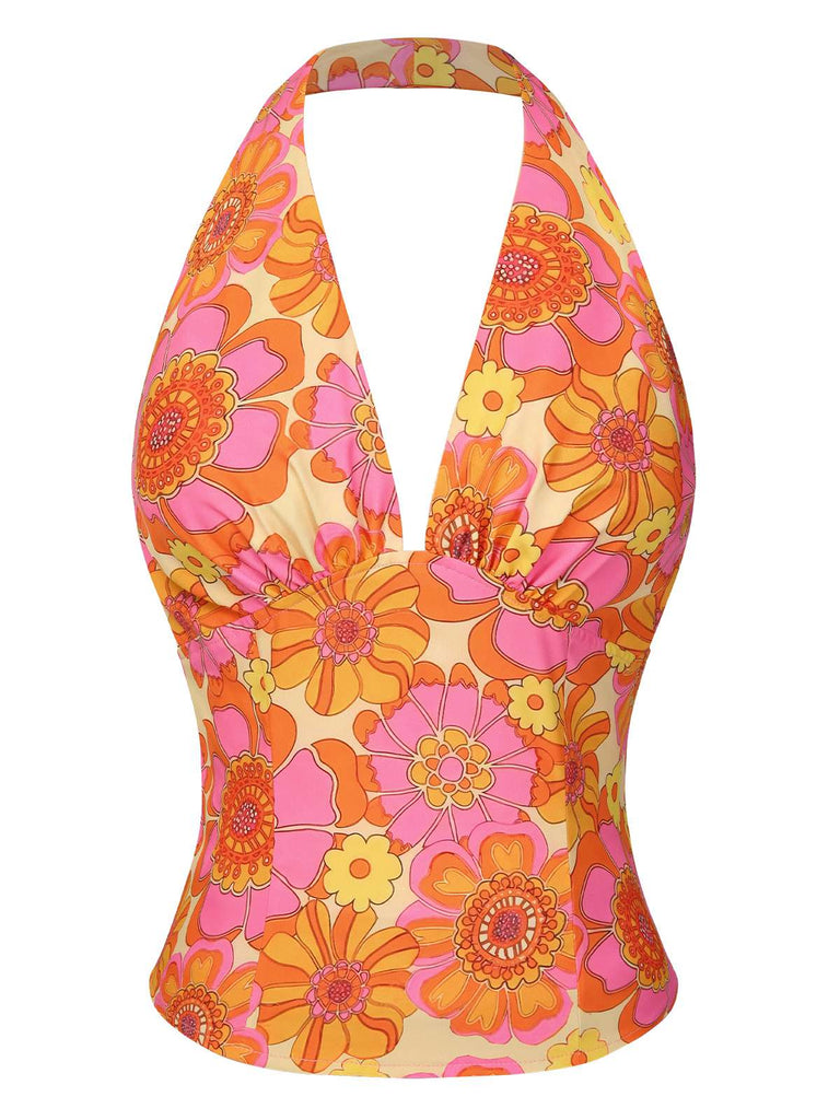 Haut dos nu fleuri hippie orange des années 1960