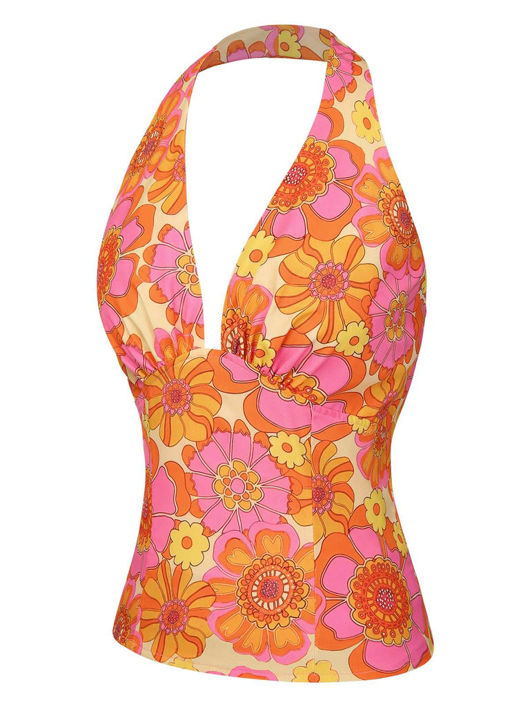 Haut dos nu fleuri hippie orange des années 1960