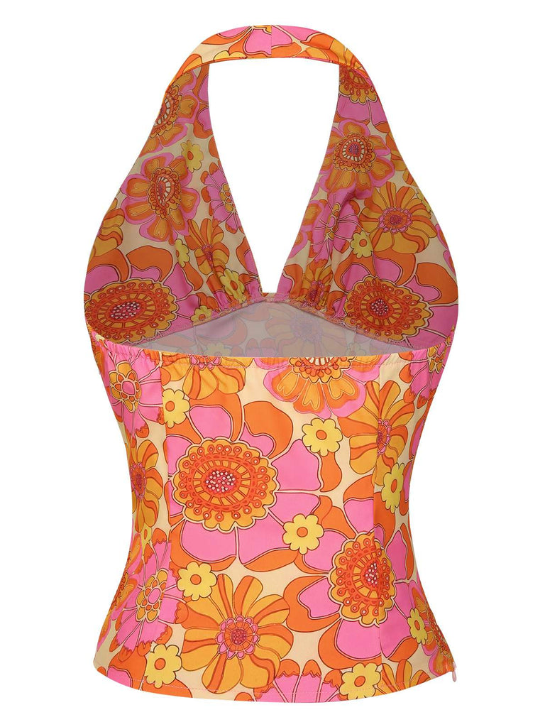 Haut dos nu fleuri hippie orange des années 1960