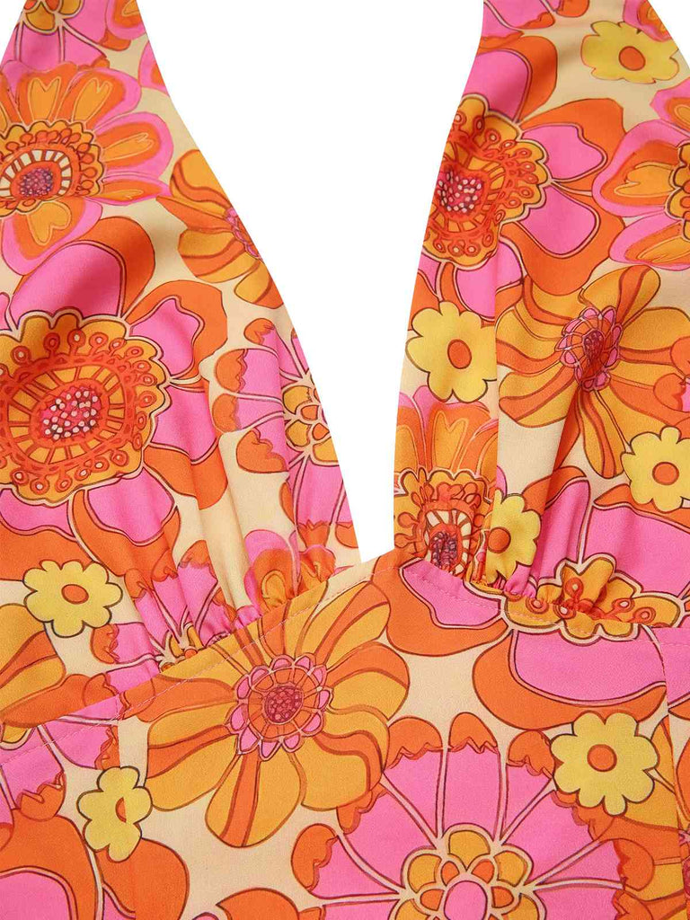 Haut dos nu fleuri hippie orange des années 1960