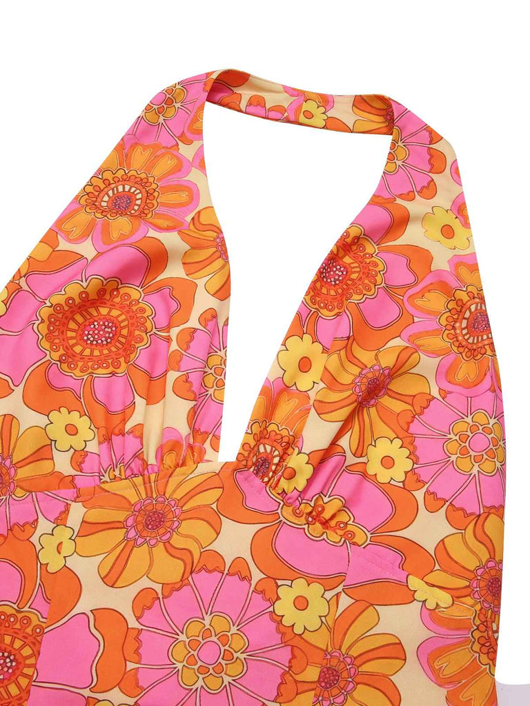 Haut dos nu fleuri hippie orange des années 1960
