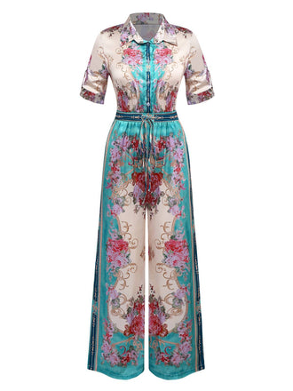 Combinaison verte symétrique à fleurs à col chemise années 1930