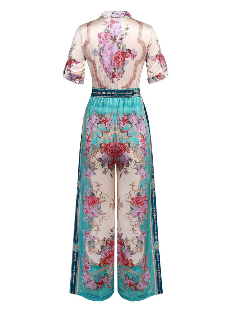 Combinaison verte symétrique à fleurs à col chemise années 1930