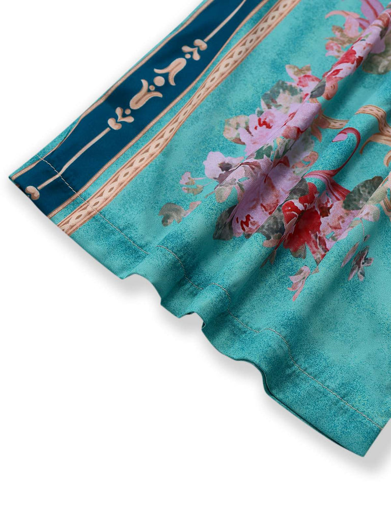 Combinaison verte symétrique à fleurs à col chemise années 1930