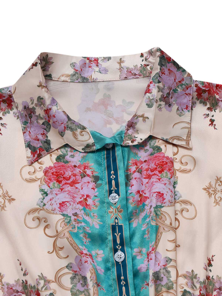 Combinaison verte symétrique à fleurs à col chemise années 1930
