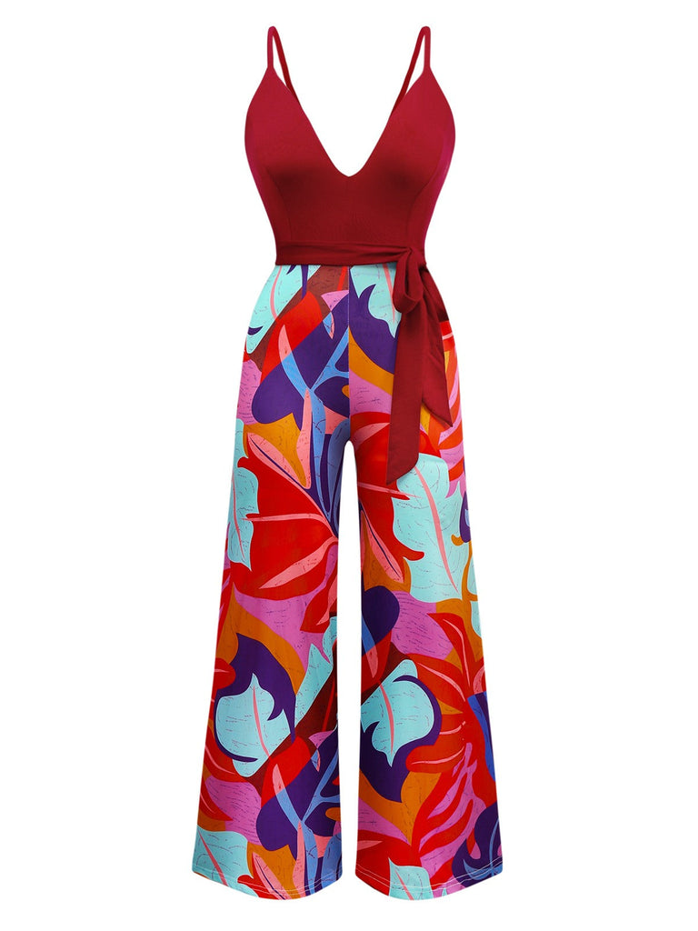 Combinaison à bretelles rouge tropicale col V profond années 1930