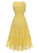 Robe jaune à pois et dentelle patchwork des années 1950