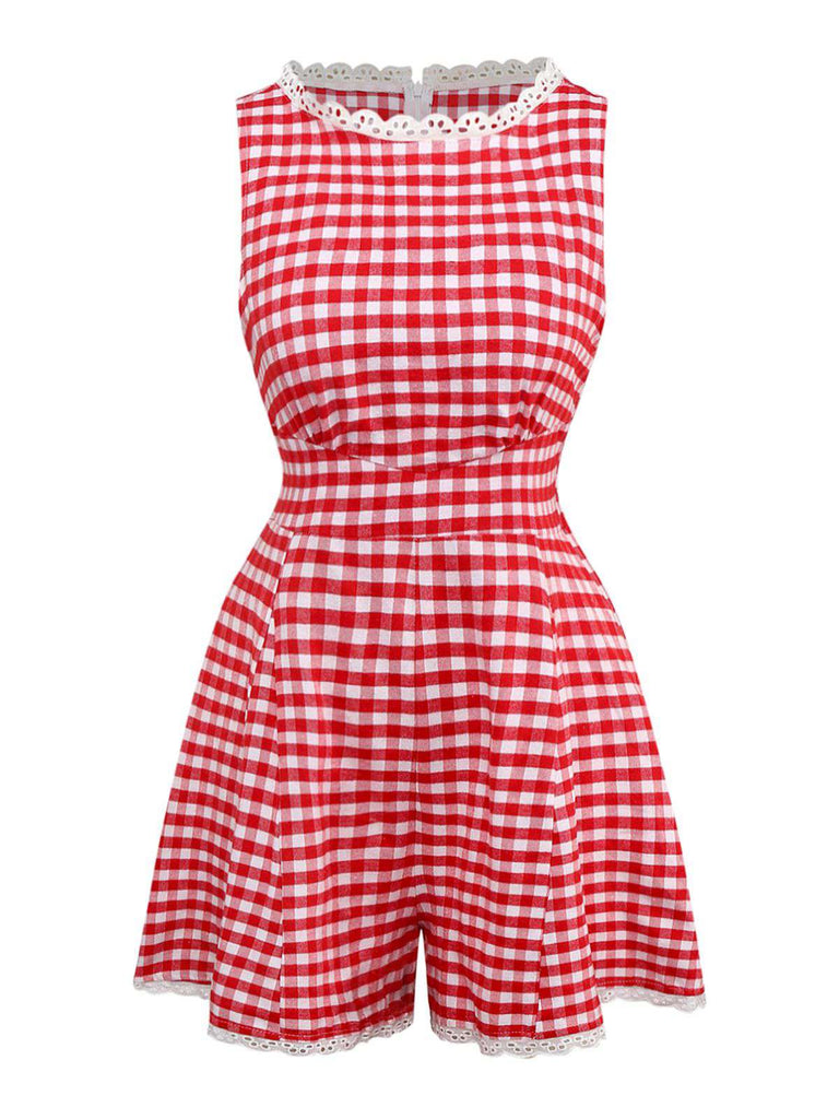 Combishort en coton et dentelle à carreaux vichy des années 1950