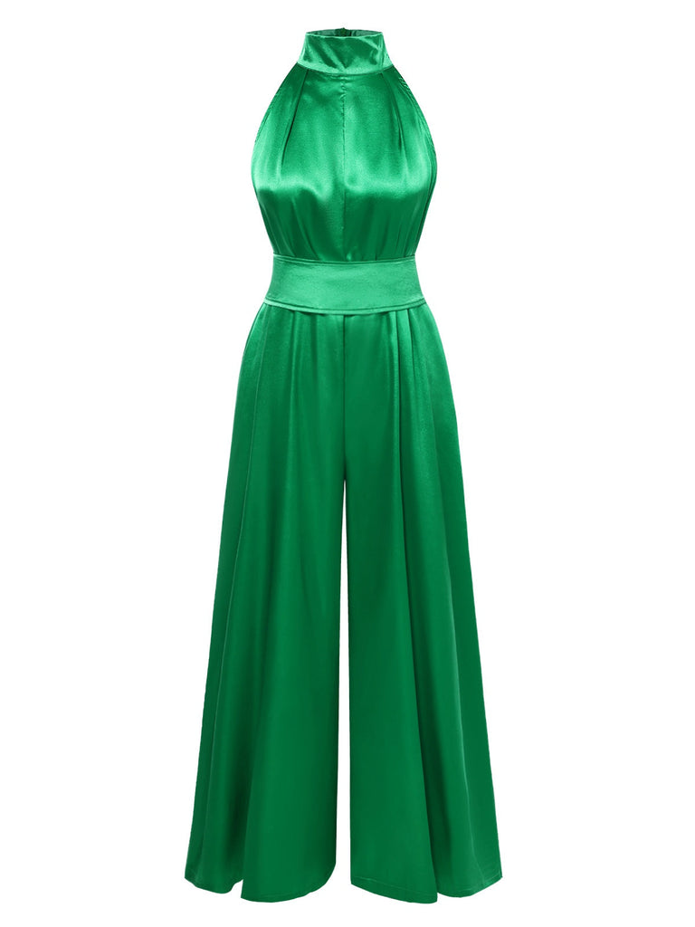 Combinaison large verte à col montant en satin années 1930