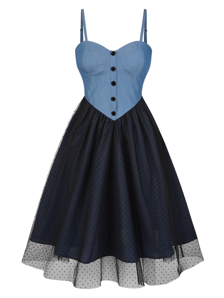 Robe bleue en denim à pois et maille années 1950