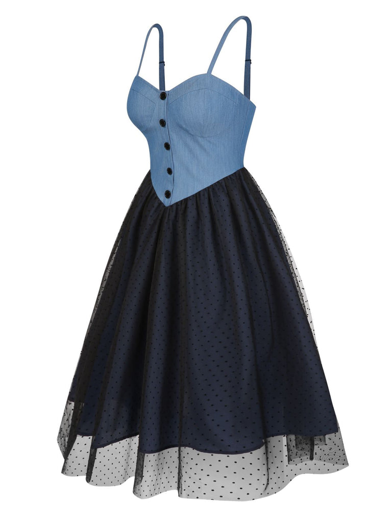 Robe bleue en denim à pois et maille années 1950