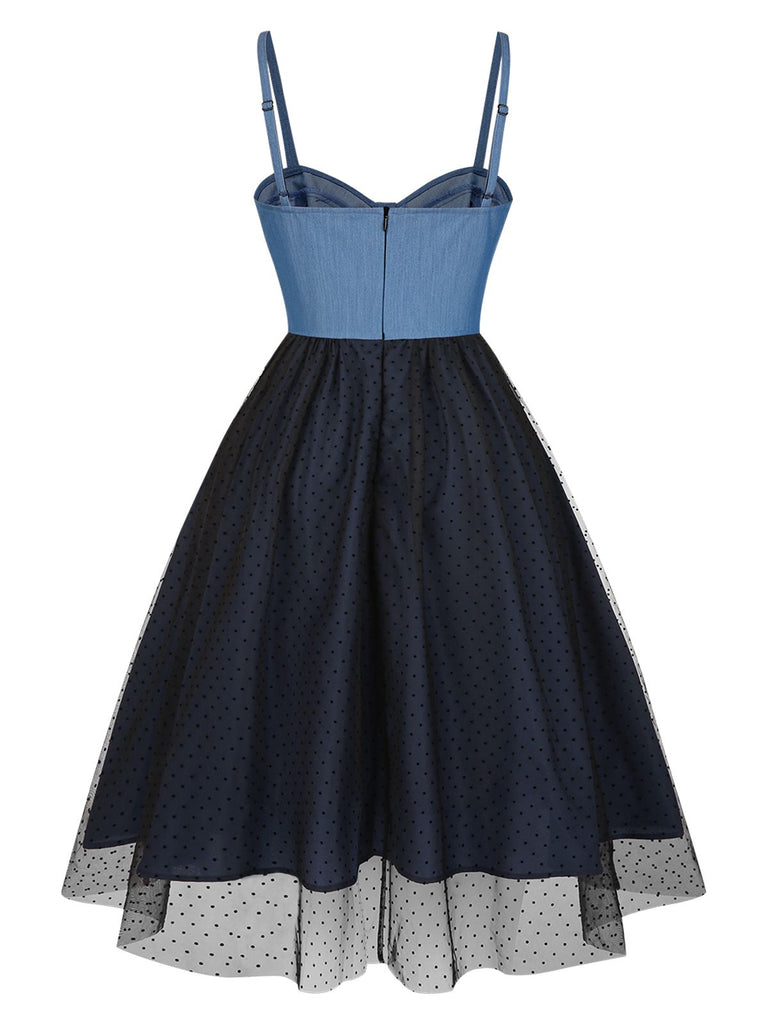 Robe bleue en denim à pois et maille années 1950