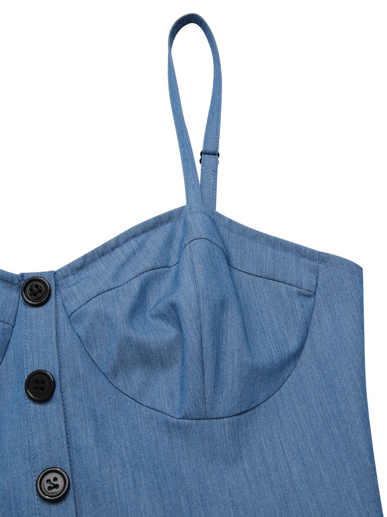 Robe bleue en denim à pois et maille années 1950