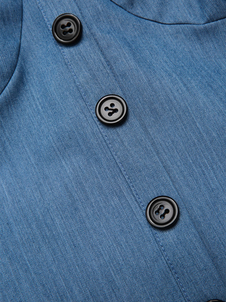 Robe bleue en denim à pois et maille années 1950