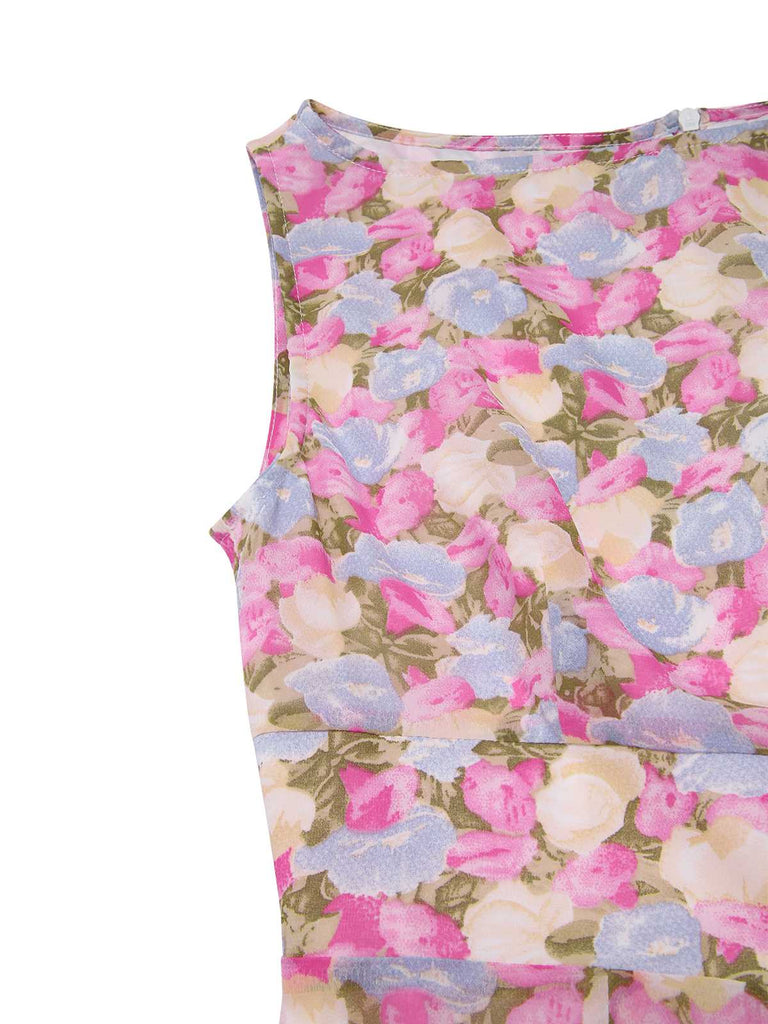 [Prévente] Robe moulante rose fleurie à col bateau années 1960