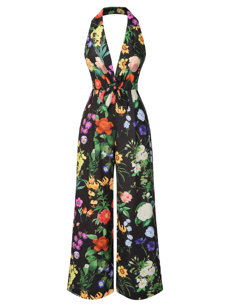 Combinaison dos nu noire fleur à col en V années 1930