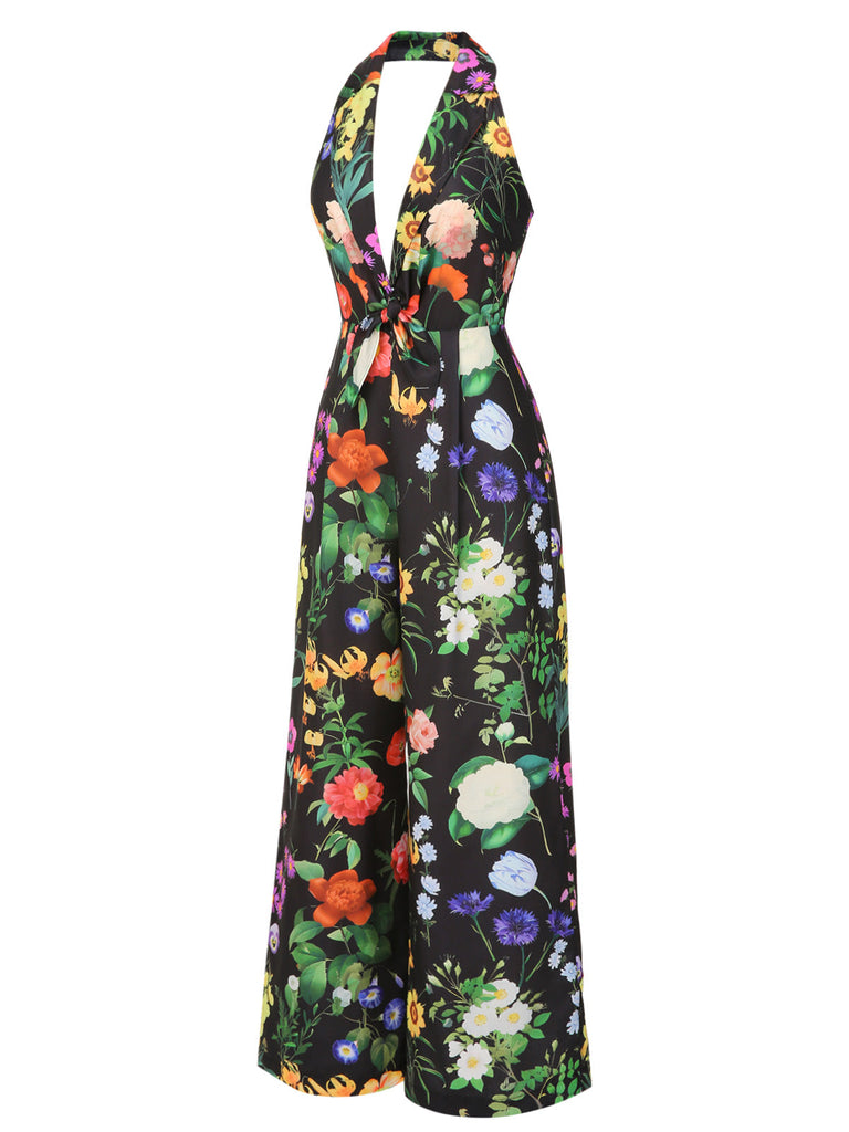 Combinaison dos nu noire fleur à col en V années 1930