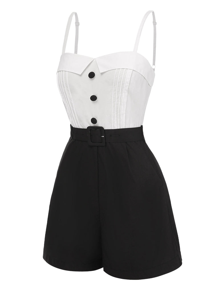 Combishort blanche et noire coton à bretelles années 1950