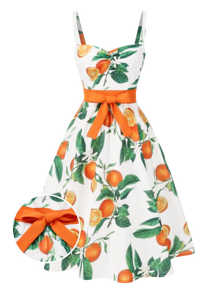 [Prévente] Robe orange à bretelles et nœud à la taille années 1950
