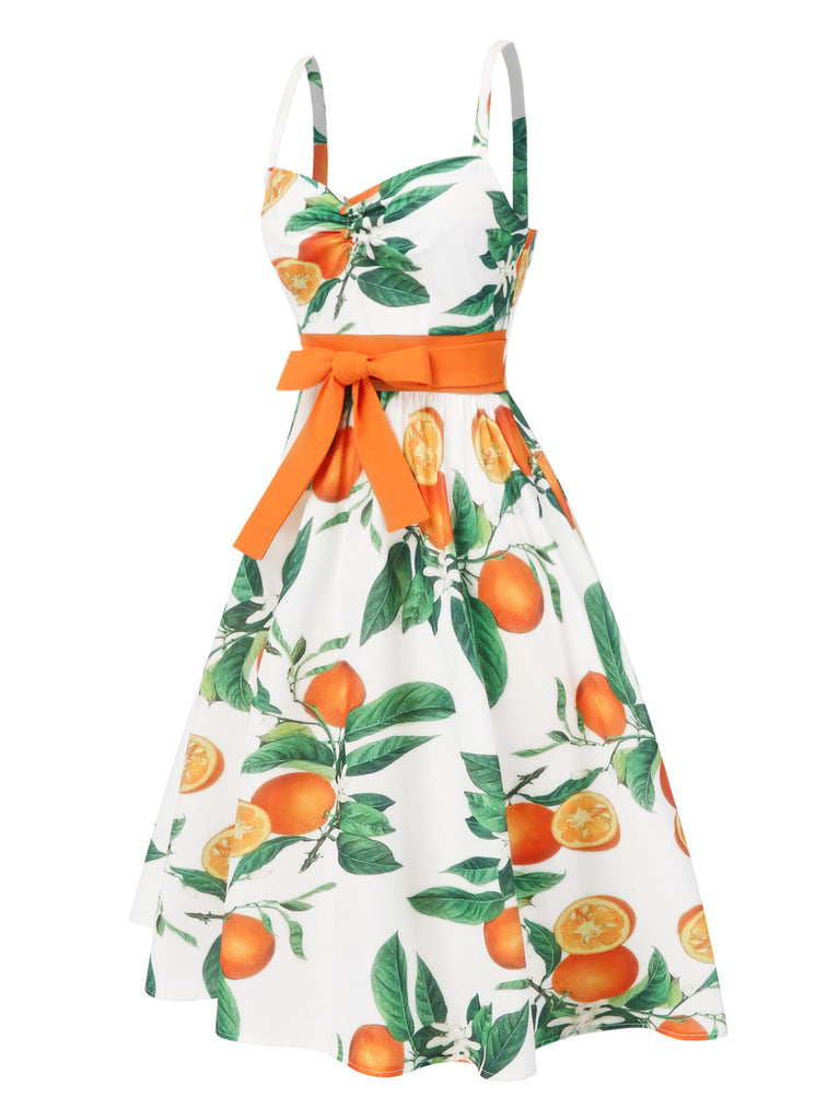 [Prévente] Robe orange à bretelles et nœud à la taille années 1950