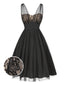 [Prévente] Robe trapèze noire fleurie en dentelle et maille années 1950