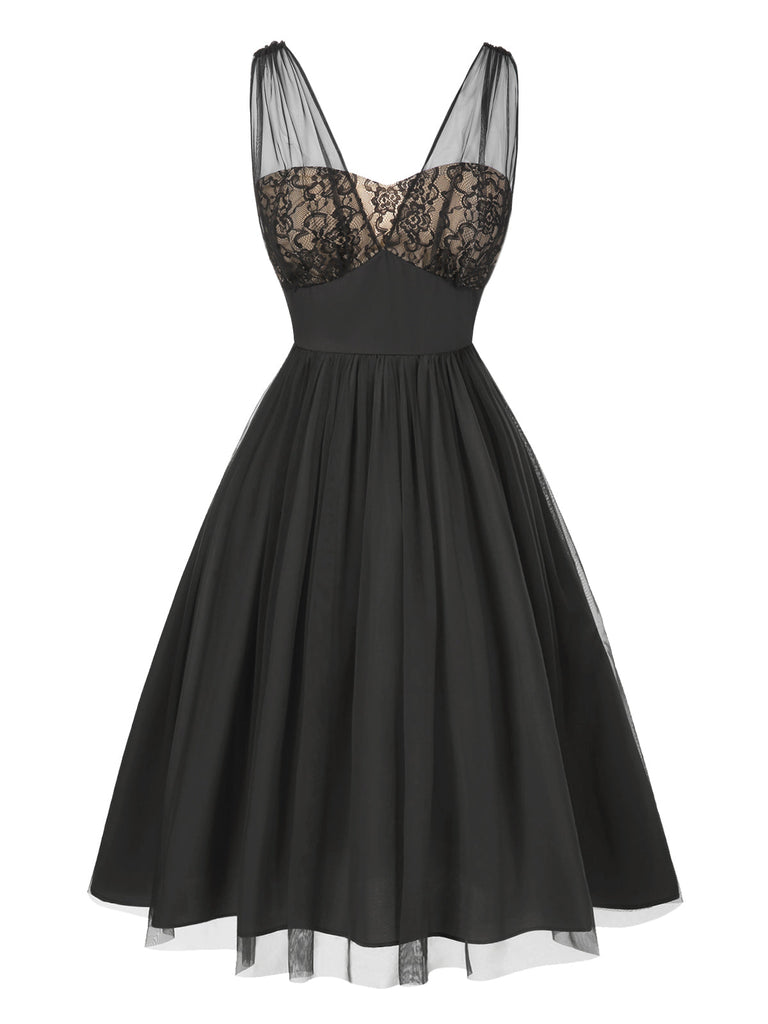 [Prévente] Robe trapèze noire fleurie en dentelle et maille années 1950
