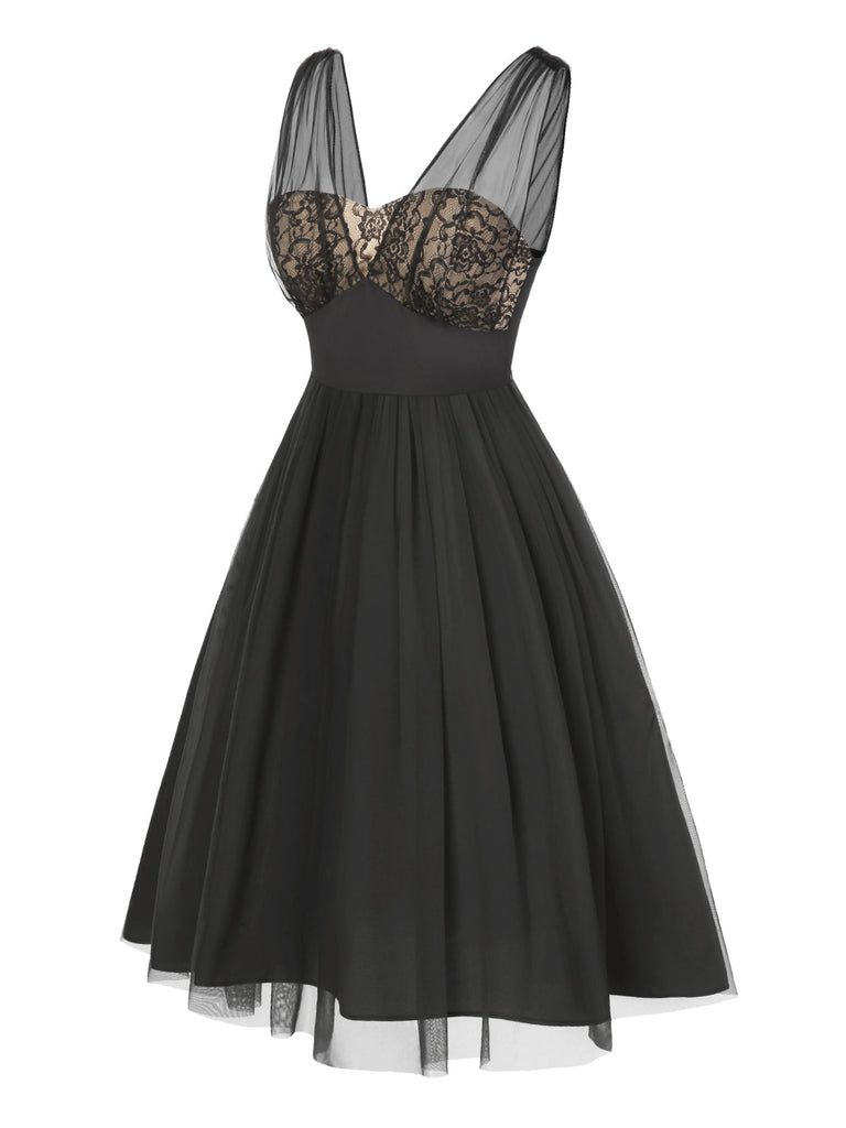[Prévente] Robe trapèze noire fleurie en dentelle et maille années 1950