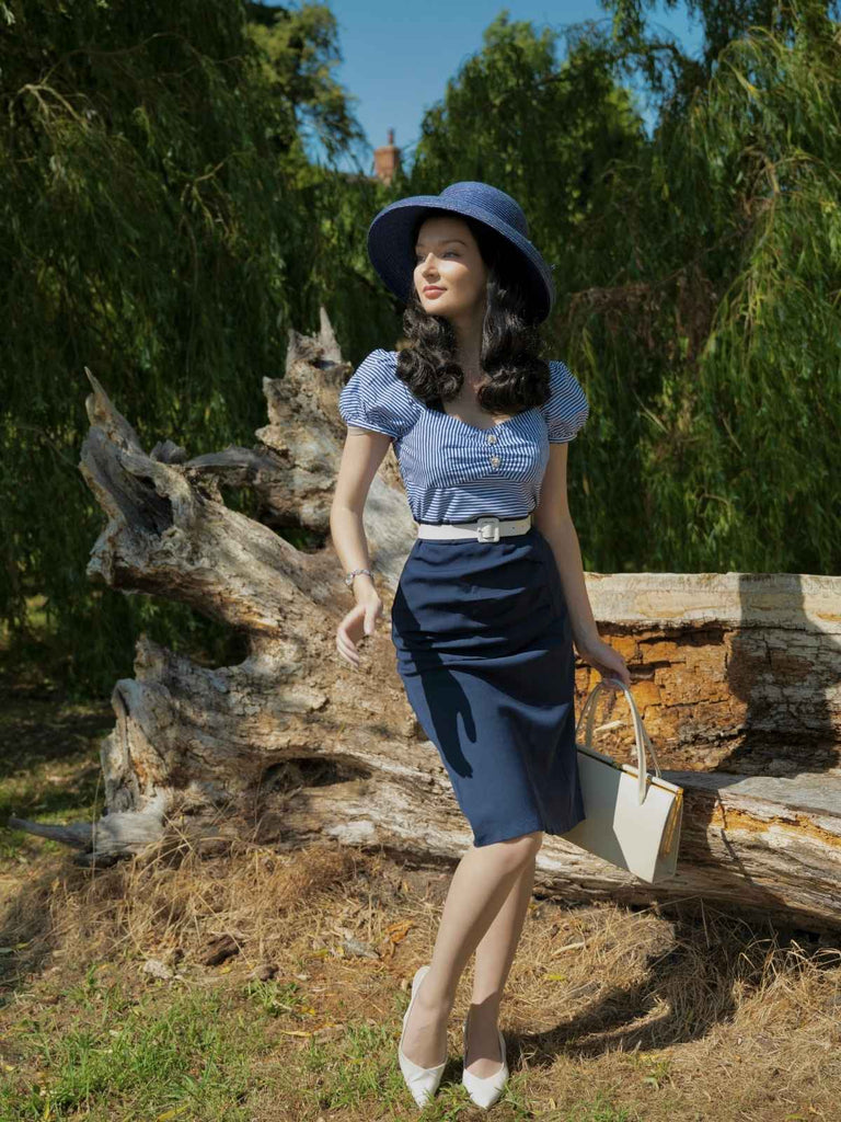 Robe crayon rayures bleu foncé manches bouffantes années 1960