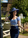 Robe crayon rayures bleu foncé manches bouffantes années 1960