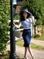 Robe crayon rayures bleu foncé manches bouffantes années 1960