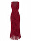 Robe en maille fleurie col v rouge vin des années 1930