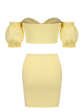 2PCS Haut tube et jupe moulante uni jaune années 1960