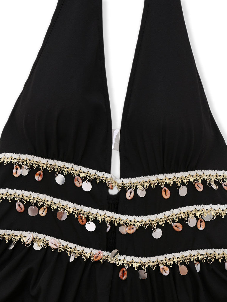 Robe noire smocks franges bohème des années 1970