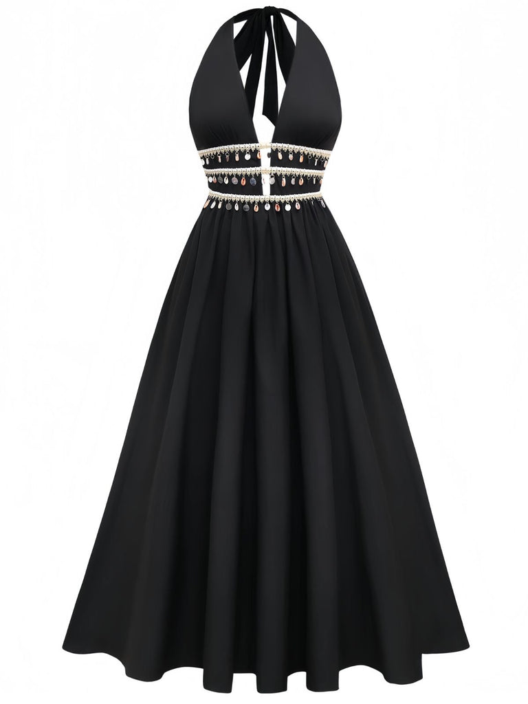 Robe noire smocks franges bohème des années 1970