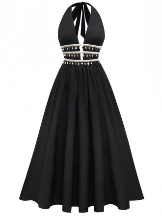 Robe noire smocks franges bohème des années 1970