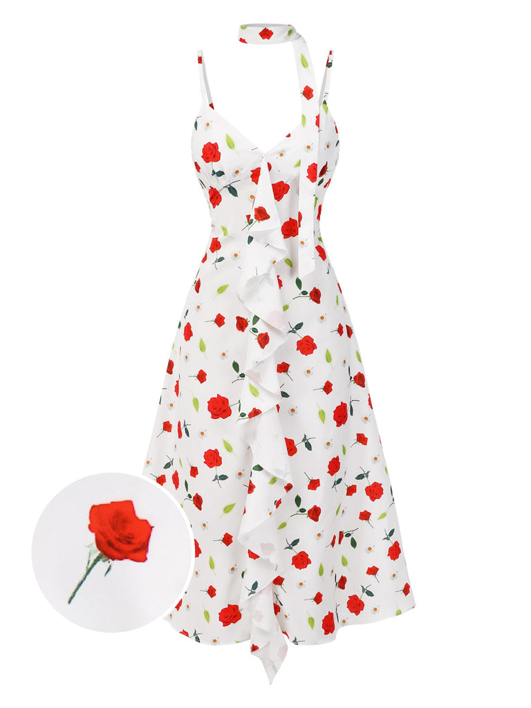 [Prévente] Robe blanche à volants et bretelles fleurie avec foulard des années 1930