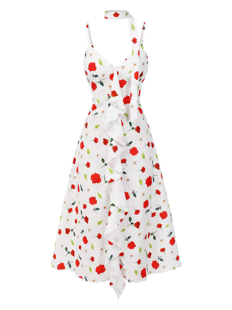 [Prévente] Robe blanche à volants et bretelles fleurie avec foulard des années 1930