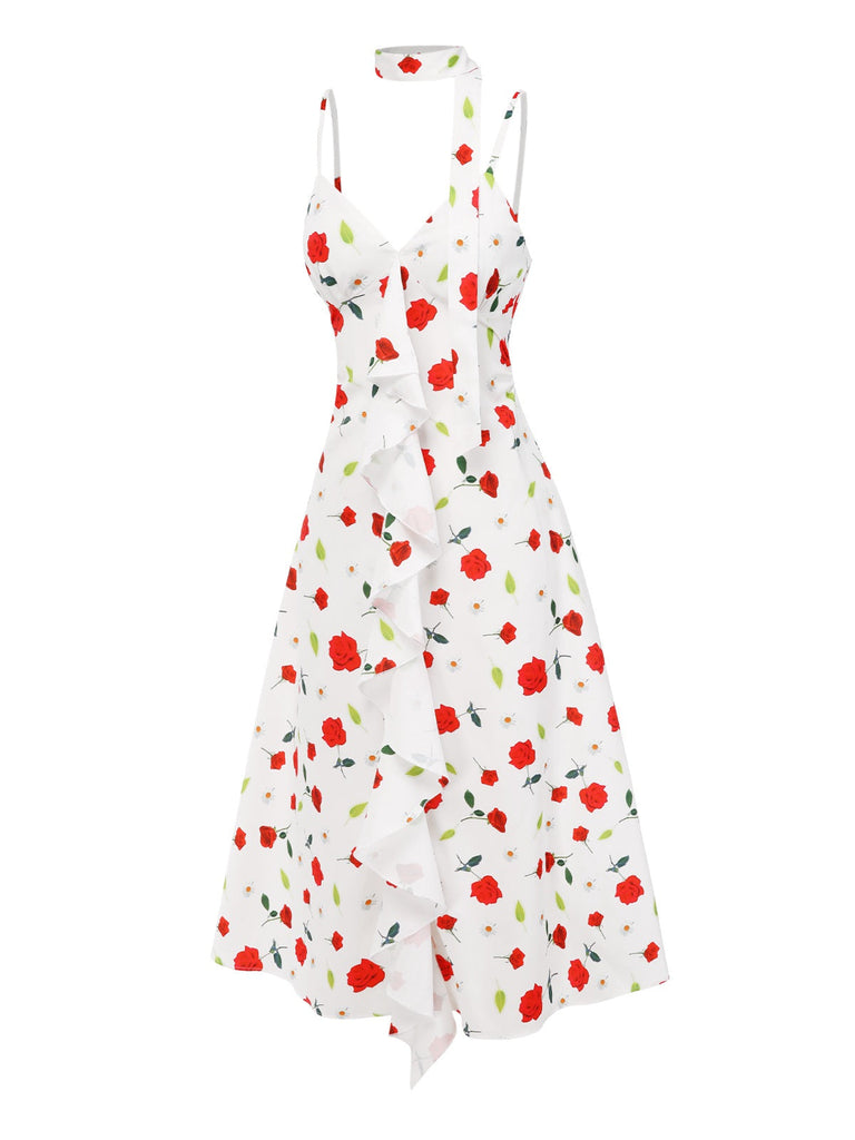 [Prévente] Robe blanche à volants et bretelles fleurie avec foulard des années 1930